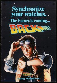 5b054 BACK TO THE FUTURE II teaser 1sh '89 art of Michael J. Fox as Marty, synchronize your watch!