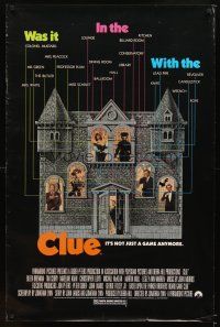 5b137 CLUE 1sh '85 Madeline Kahn, Tim Curry, Christopher Lloyd, cool board game poster design!