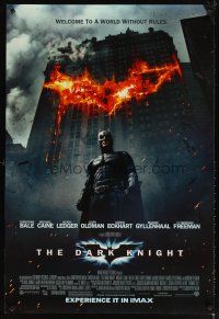 5b163 DARK KNIGHT DS 1sh '08 Christian Bale as Batman in front of flaming building!