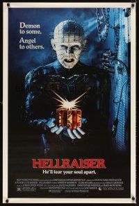 5b296 HELLRAISER 1sh '87 Clive Barker horror, great image of Pinhead, he'll tear your soul apart!