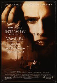 5b339 INTERVIEW WITH THE VAMPIRE 1sh '94 close up of fanged Tom Cruise, Brad Pitt, Anne Rice