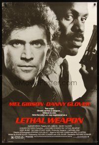 5b395 LETHAL WEAPON 1sh '87 great close image of cop partners Mel Gibson & Danny Glover!