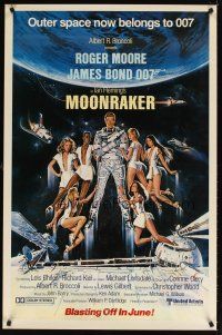 5b473 MOONRAKER advance 1sh '79 art of Roger Moore as Bond & sexy space babes by Goozee!