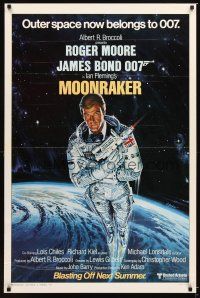 5b474 MOONRAKER style A advance 1sh '79 art of Roger Moore as Bond in space by Goozee!