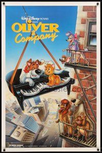 5b507 OLIVER & COMPANY 1sh '88 great image of Walt Disney cats & dogs in New York City!