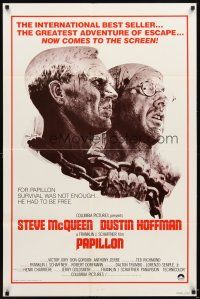 5b518 PAPILLON 1sh R80 art of prisoners Steve McQueen & Dustin Hoffman by Tom Jung!