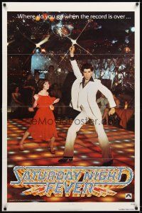 5b621 SATURDAY NIGHT FEVER teaser 1sh '77 image of disco dancer John Travolta & Karen Lynn Gorney!