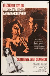 5b690 SUDDENLY, LAST SUMMER 1sh R67 close-up of Montgomery Clift & Elizabeth Taylor, + swimsuit!