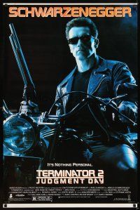5b708 TERMINATOR 2 1sh '91 Arnold Schwarzenegger on motorcycle w/shotgun, it's nothing personal!