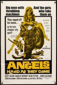 5c027 ANGELS HARD AS THEY COME 1sh '71 cool artwork of biker on his motorcycle & his babe!