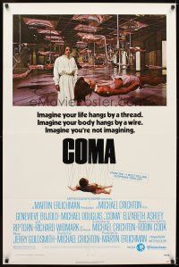 5c135 COMA 1sh '77 Genevieve Bujold finds room full of coma patients in special harnesses!