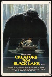 5c147 CREATURE FROM BLACK LAKE 1sh '76 cool art of monster looming over guys in boat by McQuarrie!