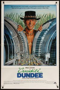5c152 CROCODILE DUNDEE 1sh '86 cool art of Paul Hogan looming over New York City by Daniel Goozee!