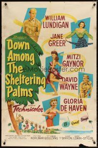 5c186 DOWN AMONG THE SHELTERING PALMS 1sh '51 sexy Jane Greer, Mitzi Gaynor & Gloria De Haven!