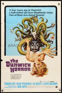 5c197 DUNWICH HORROR 1sh '70 AIP, wild horror art of multi-headed monster attacking woman!