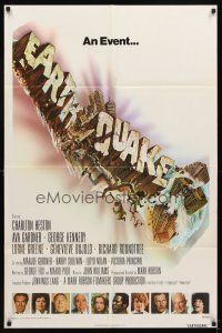 5c199 EARTHQUAKE 1sh '74 Charlton Heston, Ava Gardner, cool Joseph Smith disaster title art!