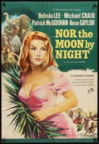 5c541 NOR THE MOON BY NIGHT English 1sh '59 art of sexy Belinda Lee & Michael Craig in Africa!