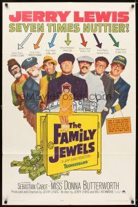 5c218 FAMILY JEWELS 1sh '65 Jerry Lewis is seven times nuttier in seven roles, wacky art!