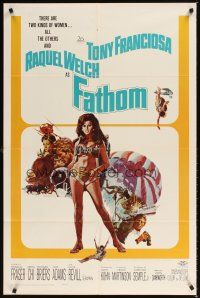5c224 FATHOM 1sh '67 art of sexy nearly-naked Raquel Welch in parachute harness & action scenes!