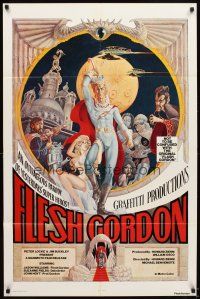 5c236 FLESH GORDON 1sh '74 sexy sci-fi spoof, wacky erotic super hero art by George Barr!