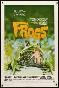 5c261 FROGS 1sh '72 great horror art of man-eating amphibian with human hand hanging from mouth!