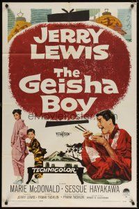 5c268 GEISHA BOY 1sh '58 screwy Jerry Lewis visits Japan, cool paper lantern art!