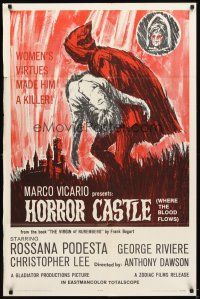 5c324 HORROR CASTLE 1sh '64 Where the Blood Flows, cool art of cloaked figure carrying girl!