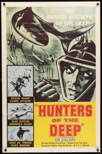 5c340 HUNTERS OF THE DEEP 1sh '55 cool art of fish & diver, buried secrets of the deep!