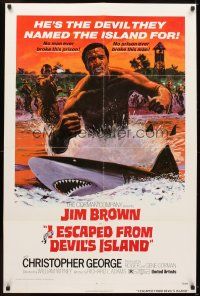 5c345 I ESCAPED FROM DEVIL'S ISLAND 1sh '73 cool art of Jim Brown swimming w/sharks!