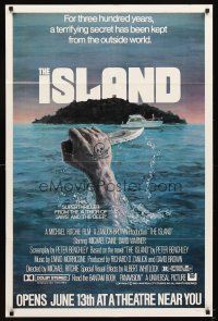 5c364 ISLAND advance 1sh '80 cool artwork of hand out of water holding knife by Gehm!