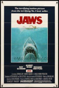 5c374 JAWS 1sh '75 artwork of Steven Spielberg's classic man-eating shark attacking sexy swimmer!