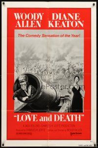 5c444 LOVE & DEATH style C 1sh '75 Diane Keaton about to fire Woody Allen out of a cannon!