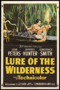 5c450 LURE OF THE WILDERNESS 1sh '52 art of sexy Jean Peters holding wounded Jeff Hunter in swamp!