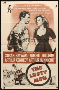 5c453 LUSTY MEN style A 1sh R56 Robert Mitchum with sexy Susan Hayward & riding on bull!