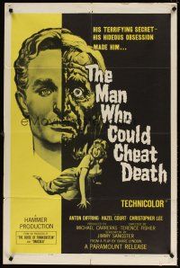 5c469 MAN WHO COULD CHEAT DEATH 1sh '59 Hammer horror, cool half-alive & half-dead headshot art!