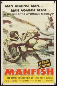 5c476 MANFISH 1sh '56 aqua-lung divers in death struggle with each other & sea creatures!