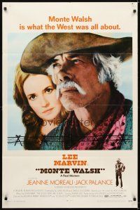 5c506 MONTE WALSH 1sh '70 super close up of cowboy Lee Marvin & pretty Jeanne Moreau!