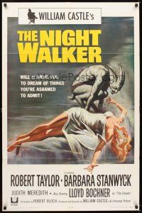 5c535 NIGHT WALKER 1sh '65 William Castle, Robert Taylor, Barbara Stanwyck, Reynold Brown art!