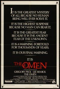 5c551 OMEN style E 1sh '76 Gregory Peck, Lee Remick, it is our final warning!