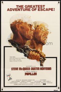 5c566 PAPILLON 1sh '73 art of prisoners Steve McQueen & Dustin Hoffman by Tom Jung!