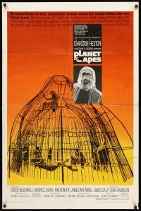 5c581 PLANET OF THE APES 1sh '68 Charlton Heston, classic sci-fi, cool art of caged humans!