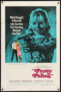 5c596 PRETTY POISON style B 1sh '68 psycho Anthony Perkins, close-up of crazy Tuesday Weld w/gun!