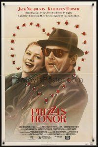 5c603 PRIZZI'S HONOR 1sh '85 cool art of smoking Jack Nicholson & Kathleen Turner w/bullet holes!
