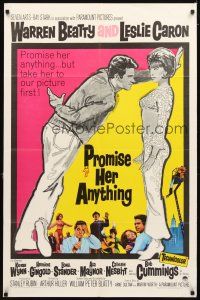 5c605 PROMISE HER ANYTHING 1sh '66 art of Warren Beatty w/fingers crossed & pretty Leslie Caron!
