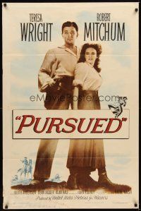 5c609 PURSUED 1sh '47 great full-length image of Robert Mitchum & Teresa Wright!