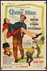 5c615 QUIET MAN 1sh R57 great image of John Wayne carrying Maureen O'Hara, John Ford!