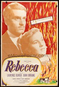 5c625 REBECCA 1sh R50s Alfred Hitchcock, art of Laurence Olivier & Joan Fontaine!