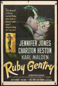 5c661 RUBY GENTRY 1sh '53 art of super sleazy bad girl Jennifer Jones kissing Charlton Heston!
