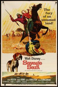 5c685 SAVAGE SAM style B 1sh '63 Disney, art of boy fighting Native American, Old Yeller sequel!