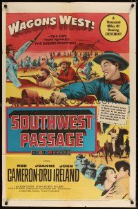 5c758 SOUTHWEST PASSAGE 1sh '54 cool image of Rod Cameron with whip, battle w/Native Americans!